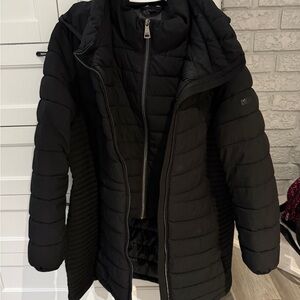 DKNY Black Double Zipper Hooded Puffer Jacket